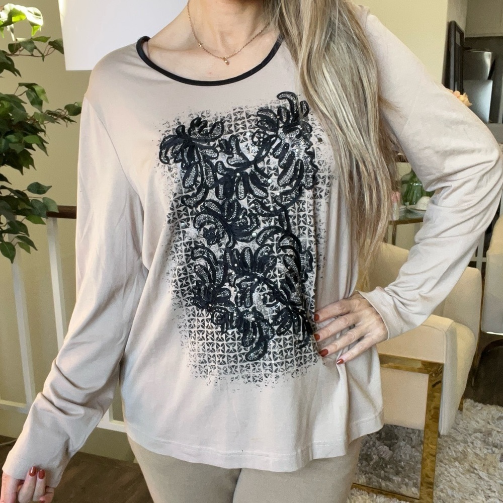 Gerry Weber Vintage Long Sleeves Round Neck Embroidered Front Top Shirt Tan L - Picture 4 of 12